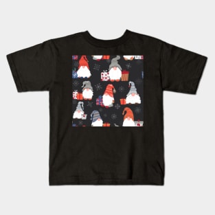 Christmas Gnomes with Snowflakes and Presents on Dark Grey Kids T-Shirt